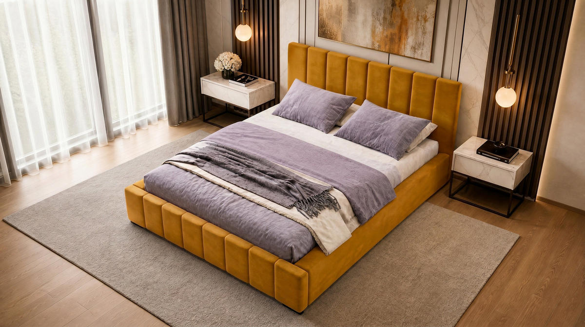 MARPUR Polsterbett NERO 180x200 cm mit Bettkasten und Lattenrost, Gelb - Chromfarben/Gelb, Holz/Holzwerkstoff (180/200cm) - Marpur