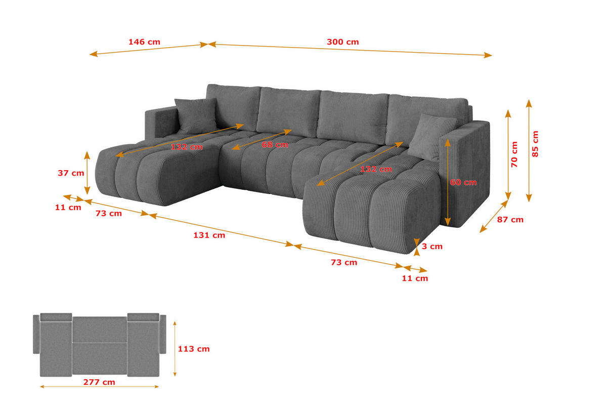 SEDACÍ SOUPRAVA DO U s funkcí spaní a úložným prostorem GARD-U 300x146x85 tmavě šedá manšestr - černá/tmavě šedá, kompozitní dřevo/textil (300/85/146cm) - ALTDECOR