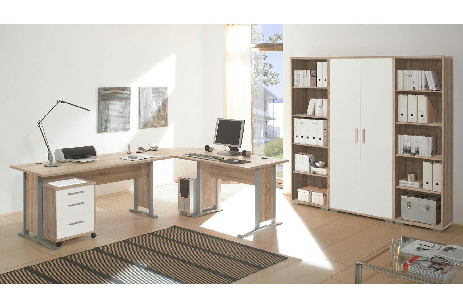BÜROMÖBEL Office Line in Eiche Sonoma und Weiß 5 teilig - Braun, Holzwerkstoff (120/80/200cm)