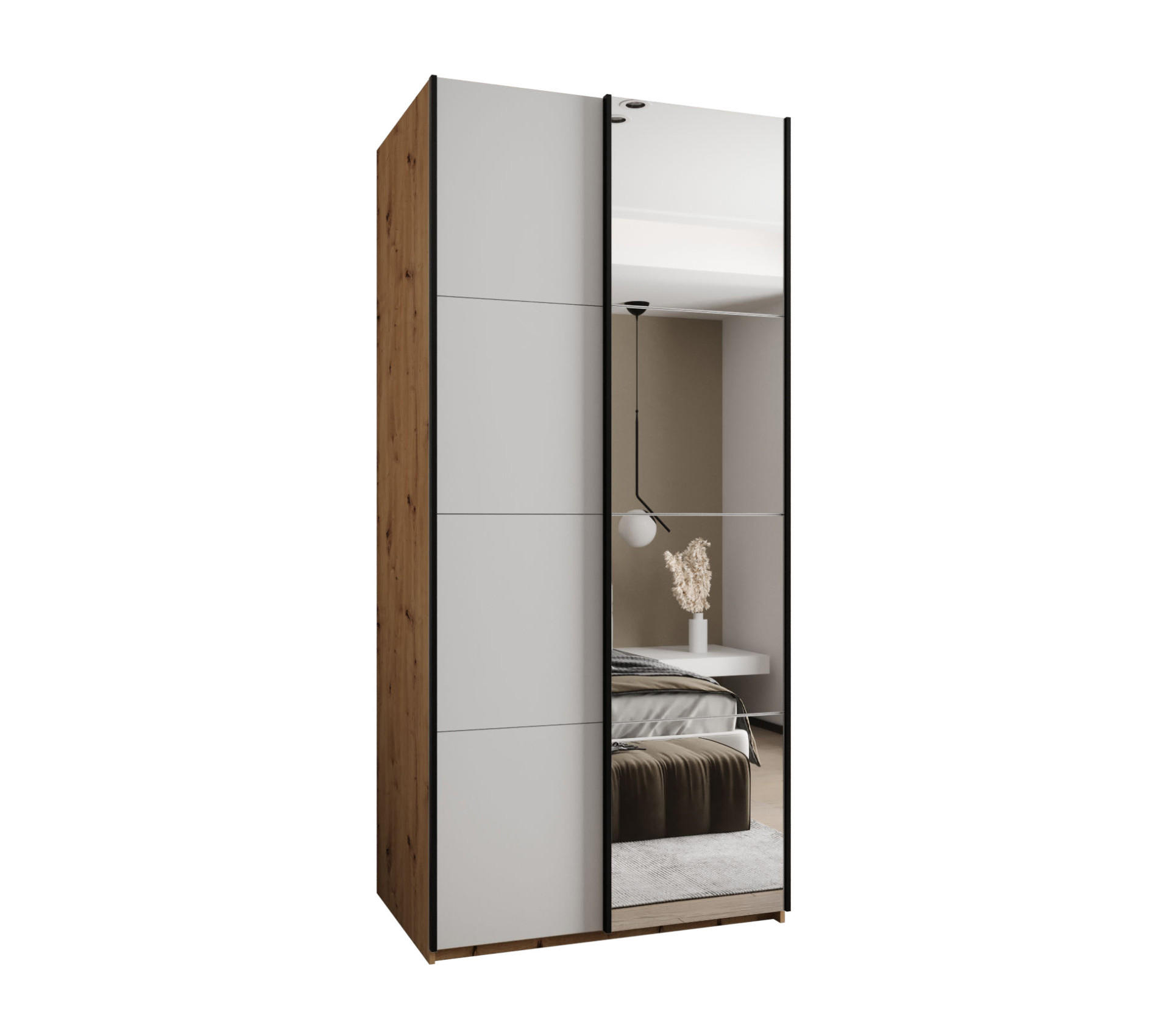 Abiks Möbel Schwebetürenschrank Eiche Artisan, Weiß, Schwarz 120x245x64 cm