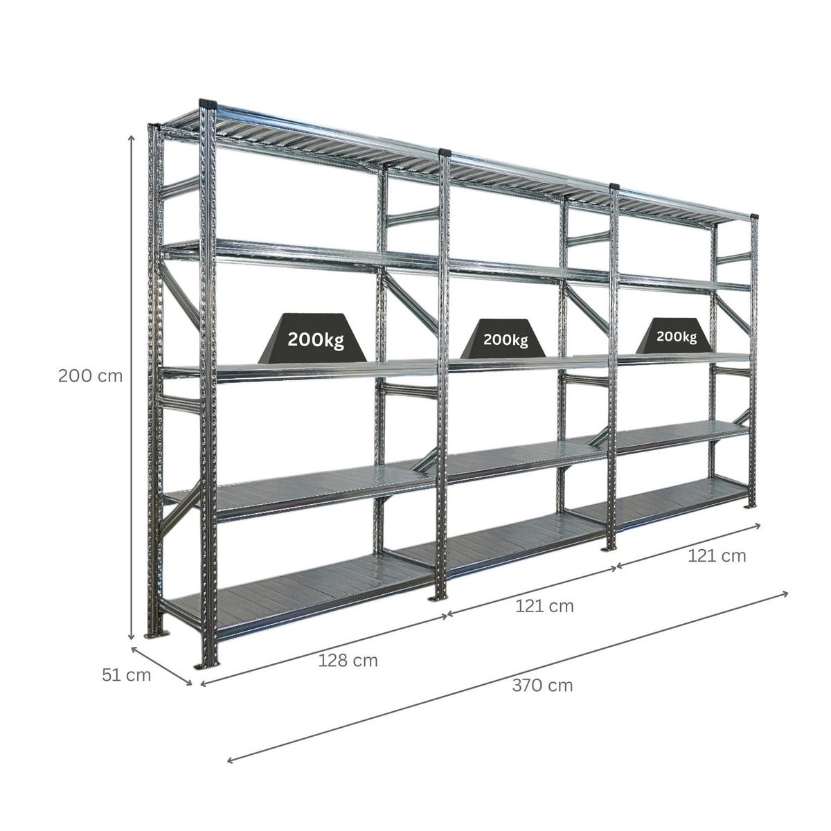 FACHBODENREGAL Proximo Stecksystem 200x360x50cm 5 Ebenen Fachlast 200 kg Beidseitig nutzbar Verzinkt - Silberfarben, Metall (360/200/50cm) - PROREGAL