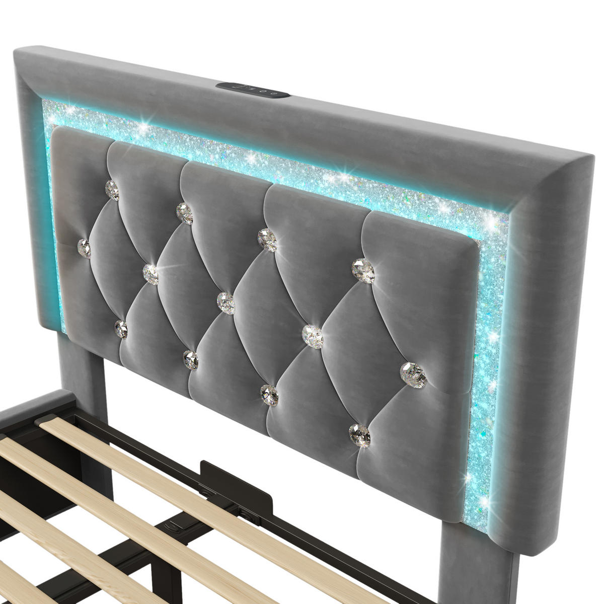 POLSTERBETT aus Samt 90x200 cm in Grau mit LED & USB-Type-C Ladestation - Grau, Textil (90/200cm) - Modfu