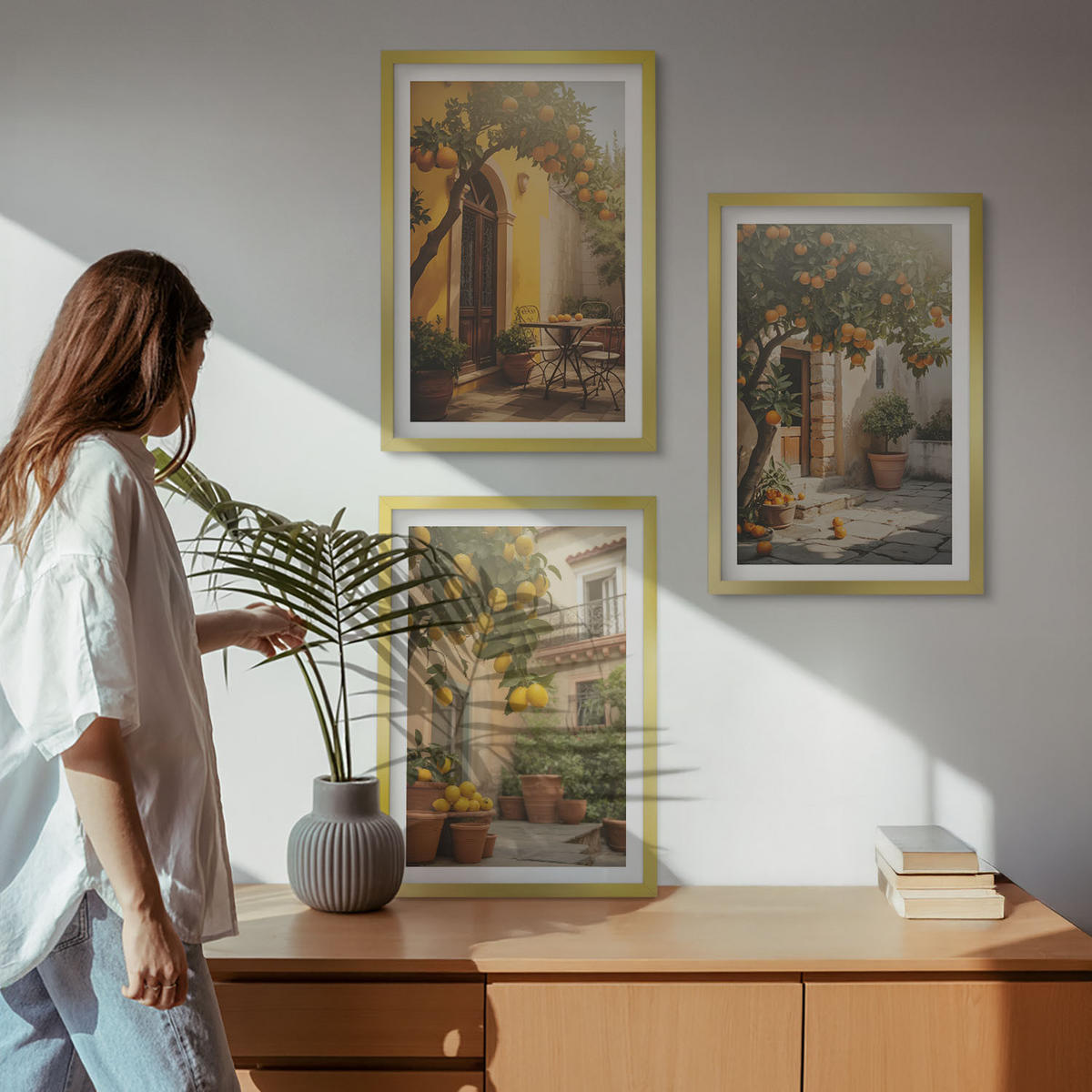 BILDER SET 3er Set - 40x60 cm Goldrahmen - Zitrustöpfe für sonnige Terrassen - Goldfarben, Kunststoff (40/60cm) - TULUP