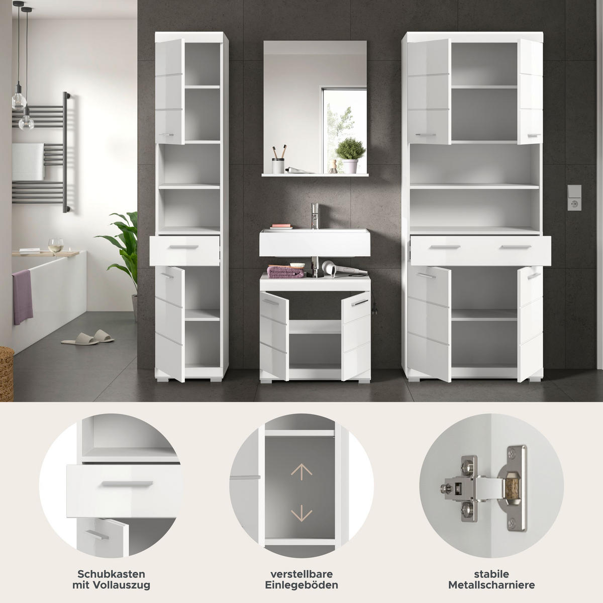 BADKOMBINATION 4tlg. Scout Bad in weiß Nachbildung und weiß hochglanz B/H/T: 186x191x34 cm - Weiß, Holz (186/191/34cm)