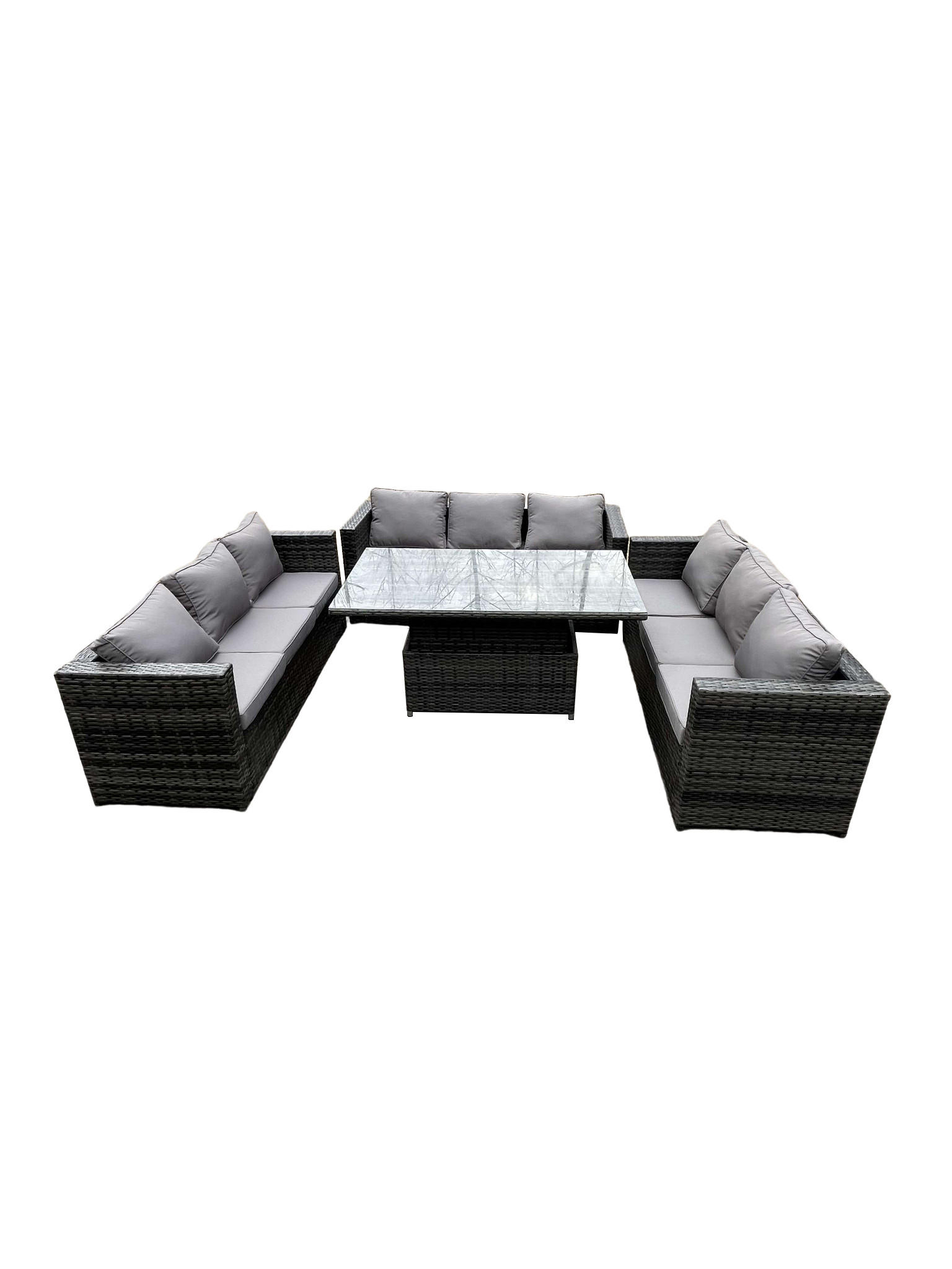 GARTENSET Polyrattan 9-Sitzer - Dunkelgrau/Grau, Glas/Kunststoff - Fimous