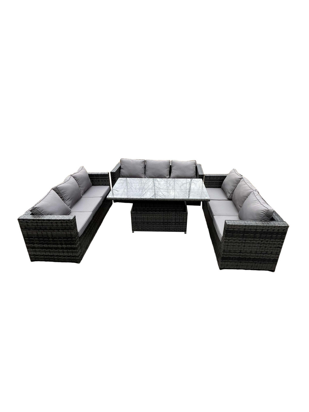 GARTENSET Polyrattan 9-Sitzer - Dunkelgrau/Grau, Glas/Kunststoff - Fimous