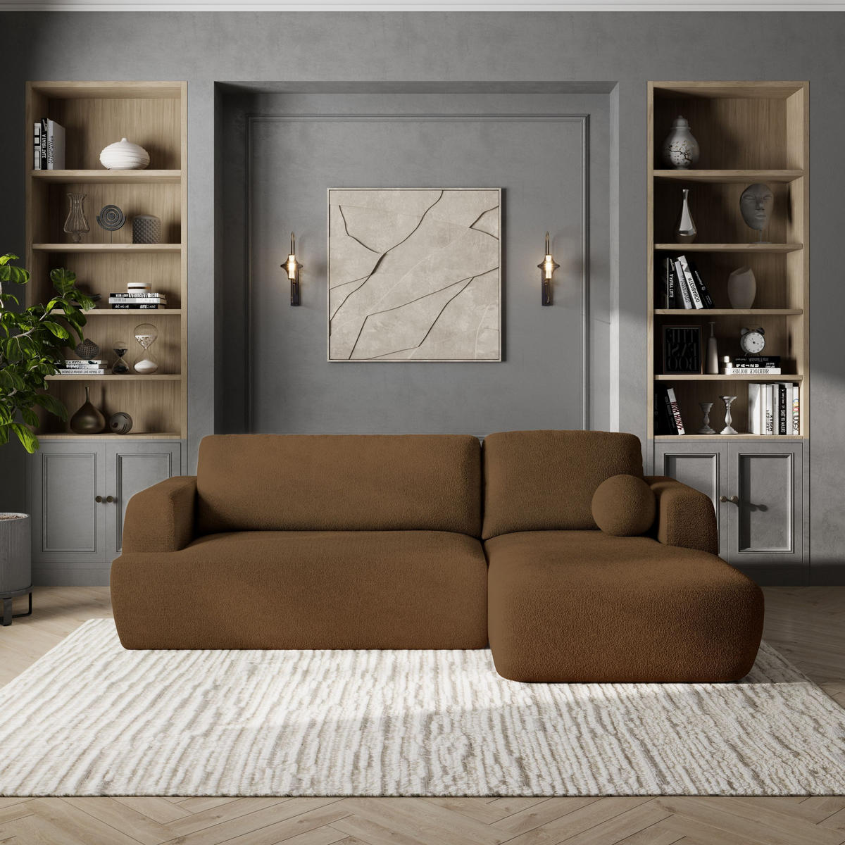 ECKSOFA SENTI N R-S Braun Boucle-Stoff mit Schlaffunktion - Schwarz/Braun, Holz/Kunststoff (246/148cm) - MASSENO