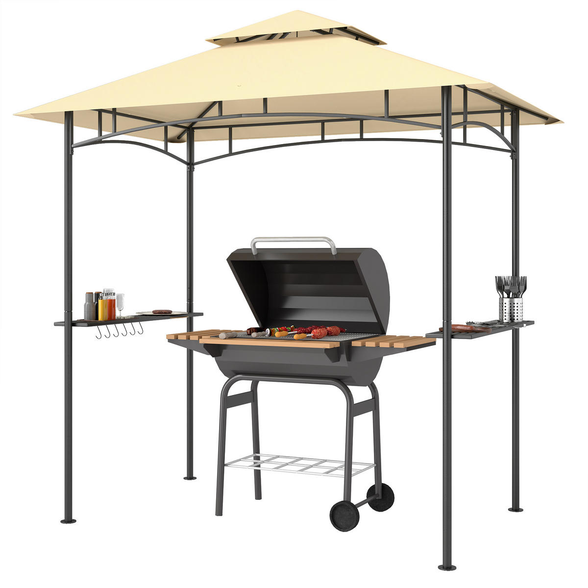 GRILLPAVILLON mit LED 240 x 150 x 258 cm wasserabweisend flammhemmend Gartenpavillon mit Doppelschichtdach - Beige, Metall (240/258/150cm)