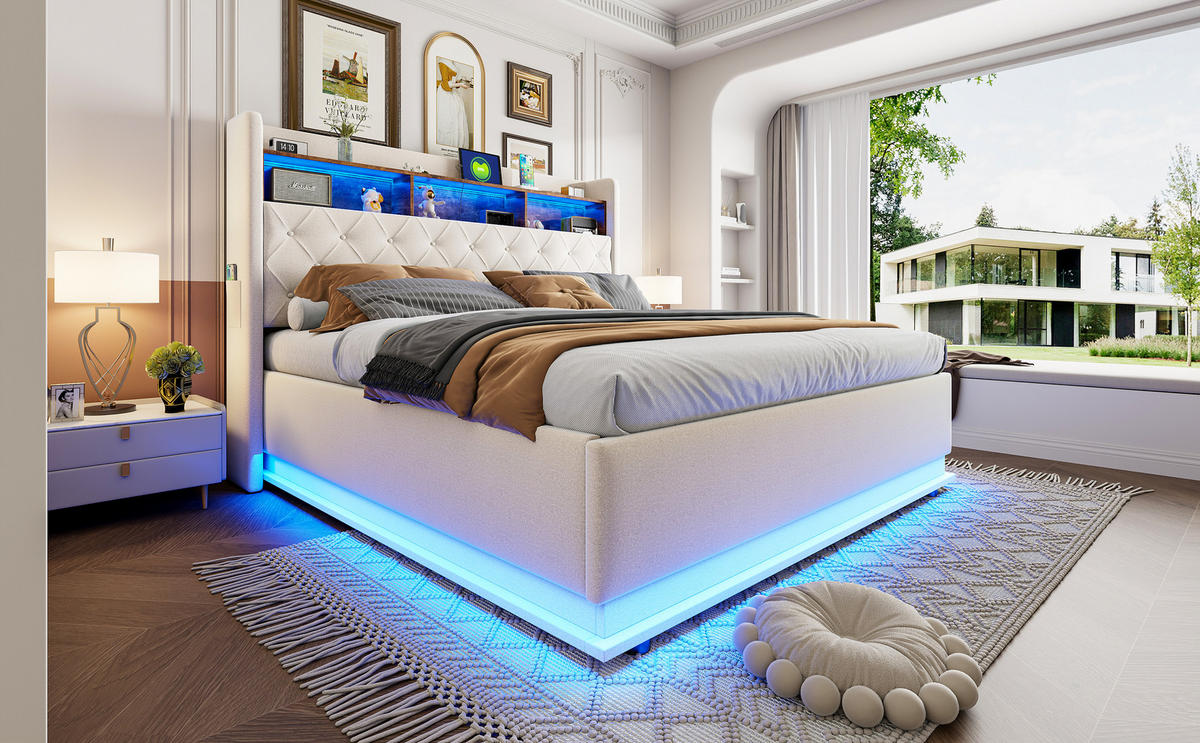 POLSTERBETT 180x200 cm LED USB Stauraum beige - Beige, Textil (180/200cm) - Fortuna Lai