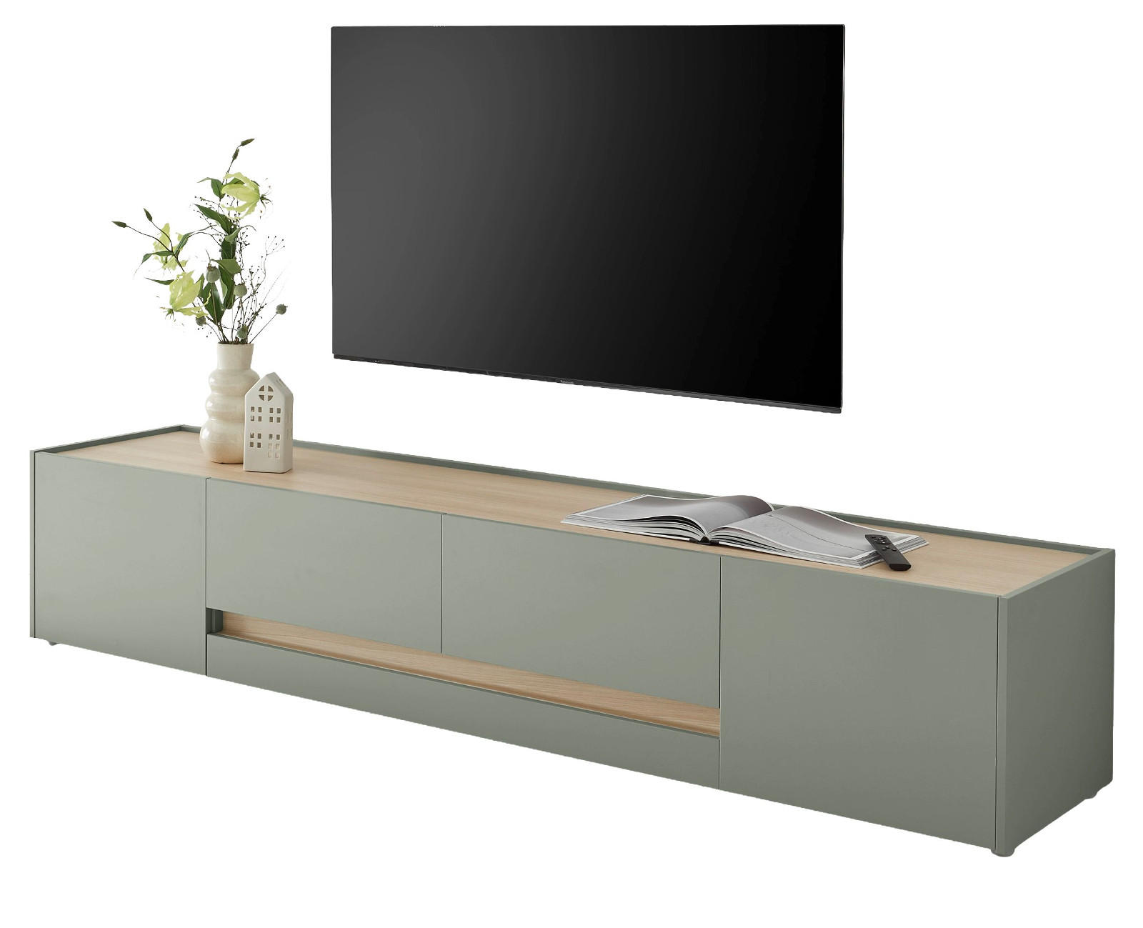 TV-LOWBOARD in Salbei Grün und Eiche, XXL Flat-TV Unterschrank mit Stauraum, Breite 223 cm - Salbeigrün/Eichefarben, Holz/Holzwerkstoff (223/40/45cm) - Furn.Design