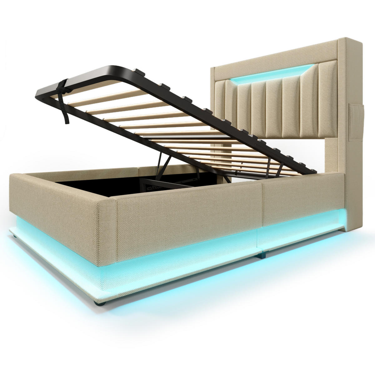 POLSTERBETT 90/200 cm mit hydraulischem Bettkasten, LED & Kopfteil mit USB/Typ-C, Beige - Beige, Textil (90/200cm) - Redom