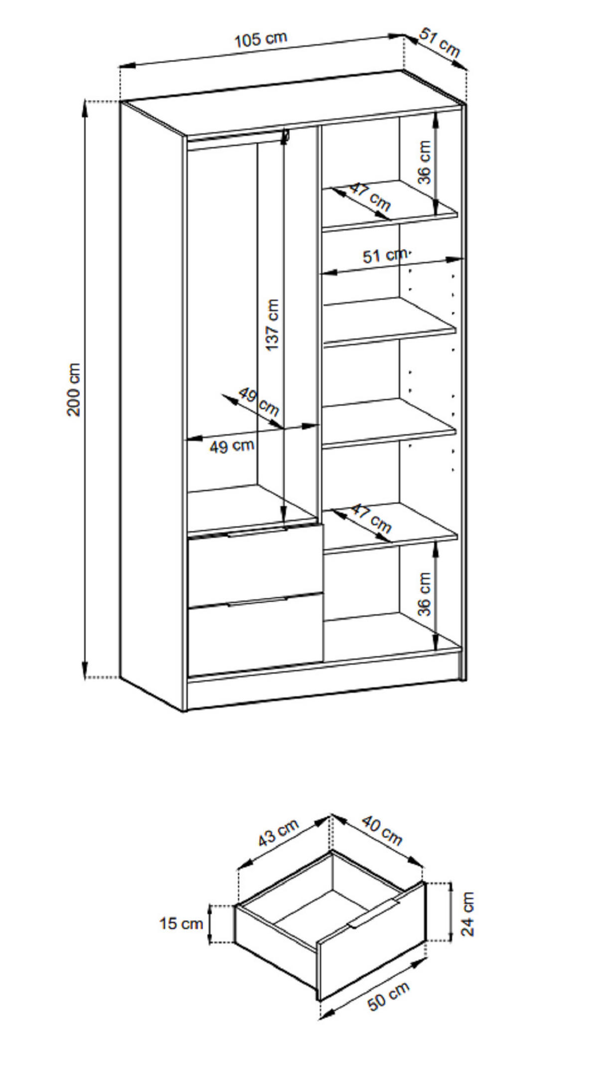 KLEIDERSCHRANK 100 cm Fioro - 2 Türen, Lamellen, Schubladen, Artisan Eiche - Eiche Artisan, Holz (105/200/51cm) - Emporius