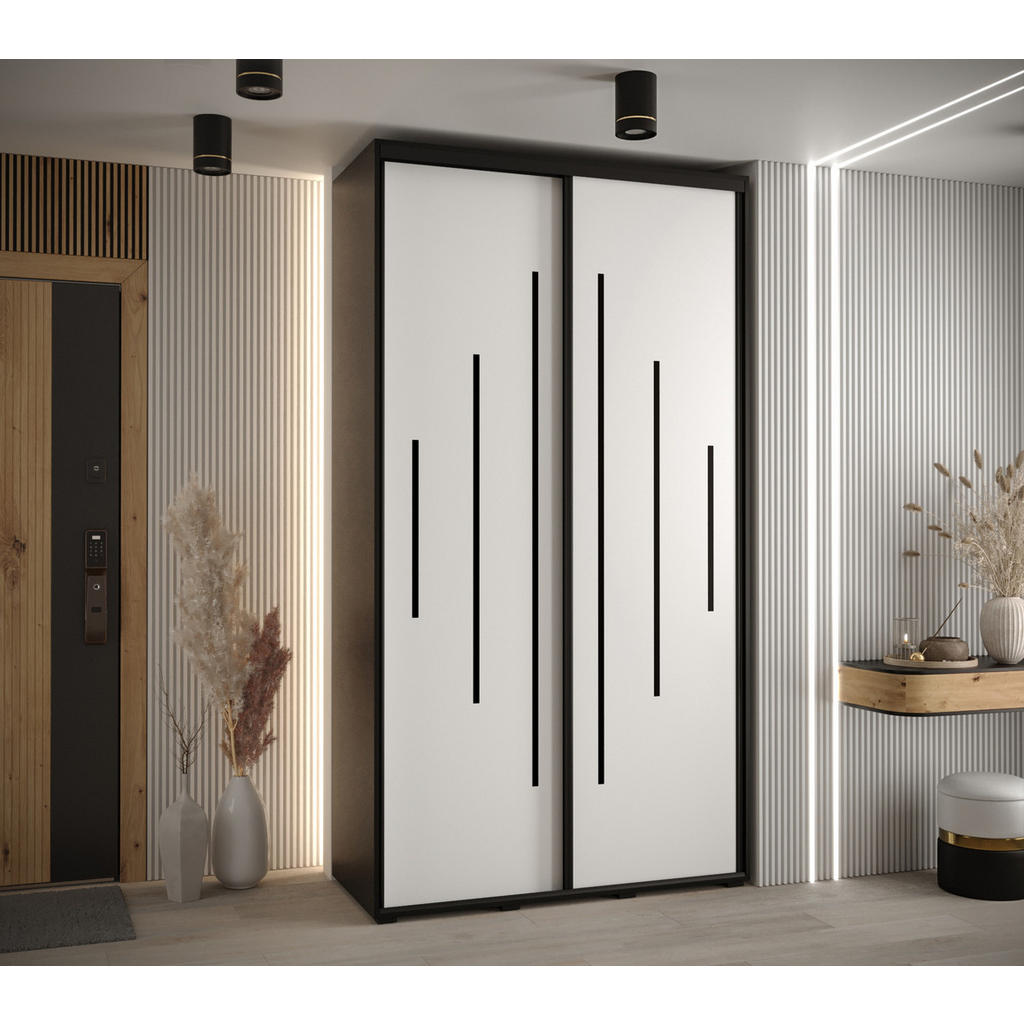 Thumbnail - Abiks Möbel Schwebetürenschrank, Schwarz, Weiß, Schwarz, Metall, Nachbildung, 6 Fächer, 140x235x45 cm, Schlafzimmer, Kle...