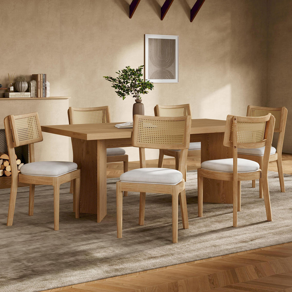 ESSZIMMERSTUHL 4er Set Massivholz Rattan Leinen Natur - Naturfarben, Holz (58/88/50cm) - FLIEKS