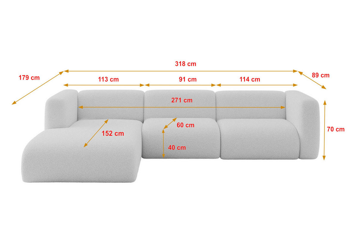 ECKSOFA Ottomane Links MIRA-L2 318x179x89 Hellgrau Bouclé - Silberfarben/Hellgrau, Holzwerkstoff/Kunststoff (318/179cm) - ALTDECOR