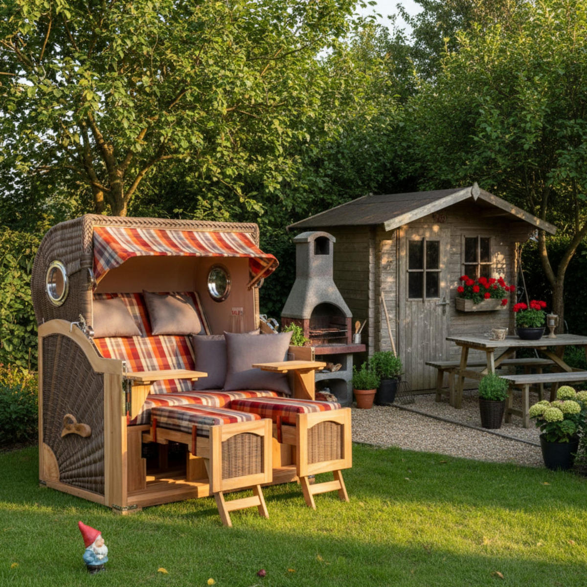 STRANDKORB Düne Grande Bullauge Teak PE Grey Dessin 584 - Rot/Braun, Metall (142/170/95cm) - Mr. Deko