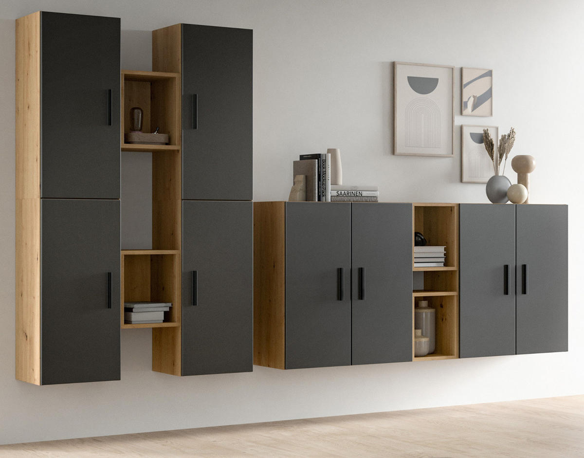 WOHNWAND grau, Eiche Artisan 259 x 184 cm, Wohnkombination hängend / stehend - Schwarz/Eiche Artisan, Holzwerkstoff/Kunststoff (259/151/34cm) - Inn.Furn