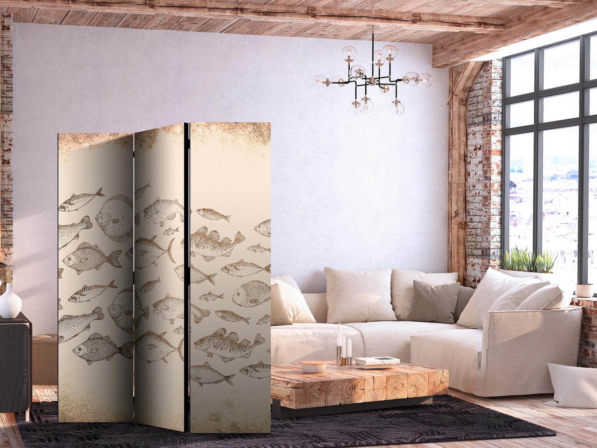 PARAVENT Beidseitig Bedruckter 3-tlg 135x172 cm Fischschwarm Vintage Stil - Beige, Holz/Textil (135/172/3cm) - Muralo