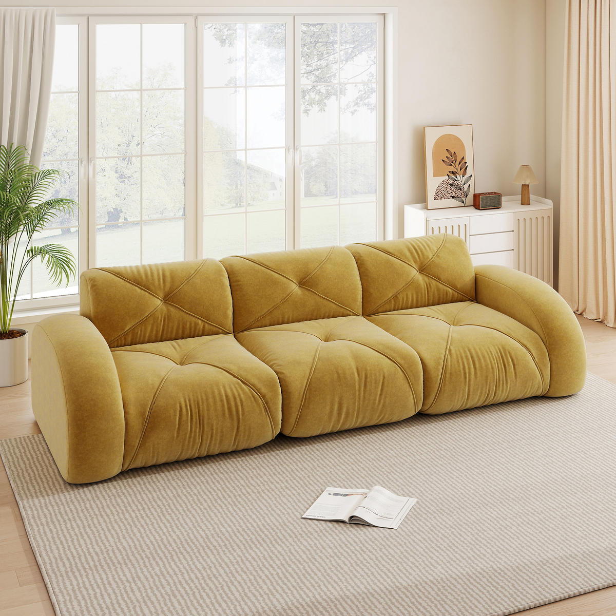 3-SITZER Sofa 281×95×76 cm Chenille rahmenlos modular, gelb - Gelb, Textil (95/76/281cm)