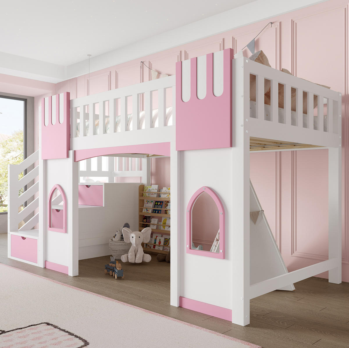 PATROVÁ postel 90/200 cm bílá/růžová z MDF a borovice se schody - bílá, kompozitní dřevo (90/200cm) - OKWISH