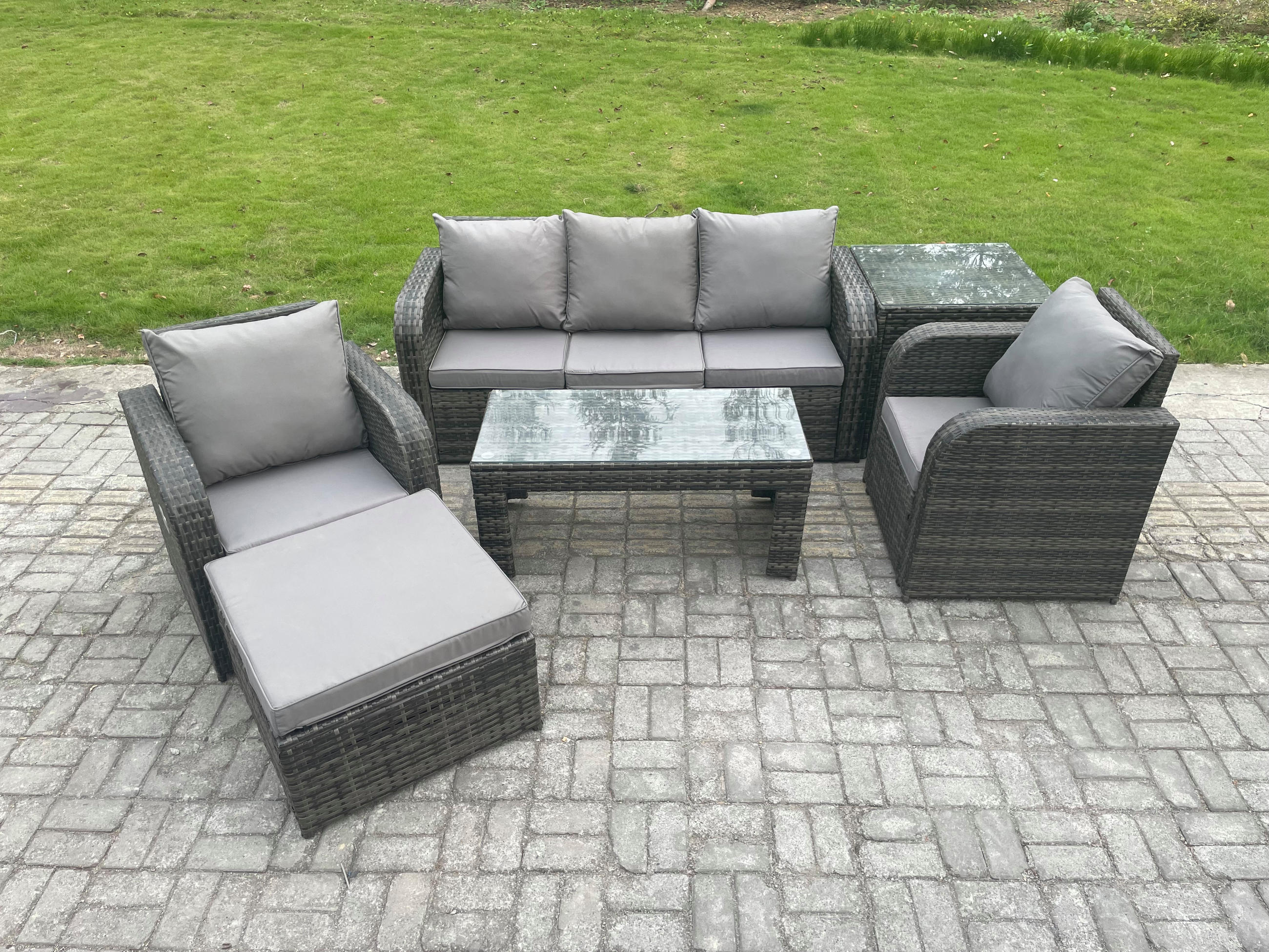 GARTENSOFA SET mit LIEGESTUHL Polyrattan 6-Sitzer Dunkelgrau - Dunkelgrau/Grau, Glas/Kunststoff - Fimous