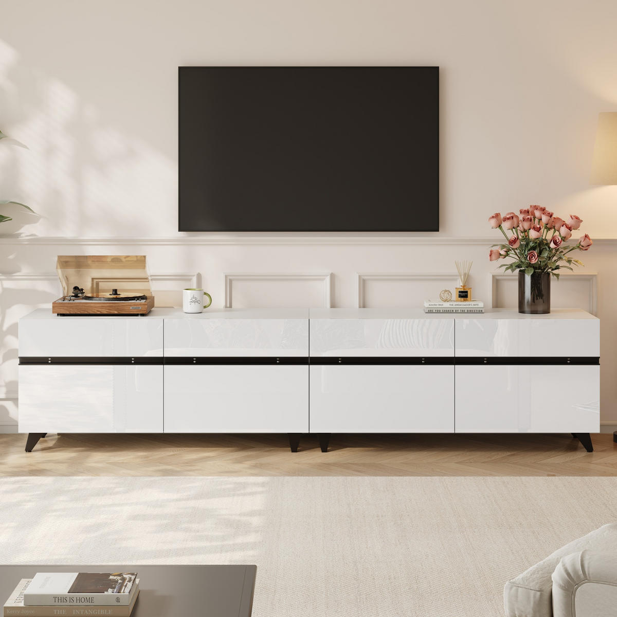 TV-SCHRANK Hochglanz 4 Türen 8 Beine 80 Zoll 180cm Weiß Modern - Weiß, Holzwerkstoff (180/49/40cm) - FLIEKS