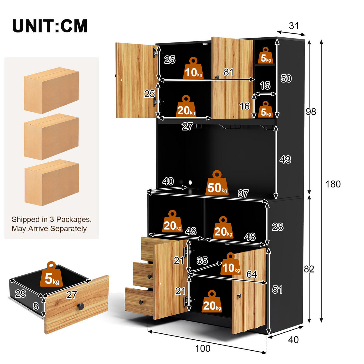 BUFFET DE-38715 100/40/180 cm LED-Beleuchtung und 3 Weinglashalter Natur - Naturfarben, Holzwerkstoff (100/180/40cm) - ComfortXL