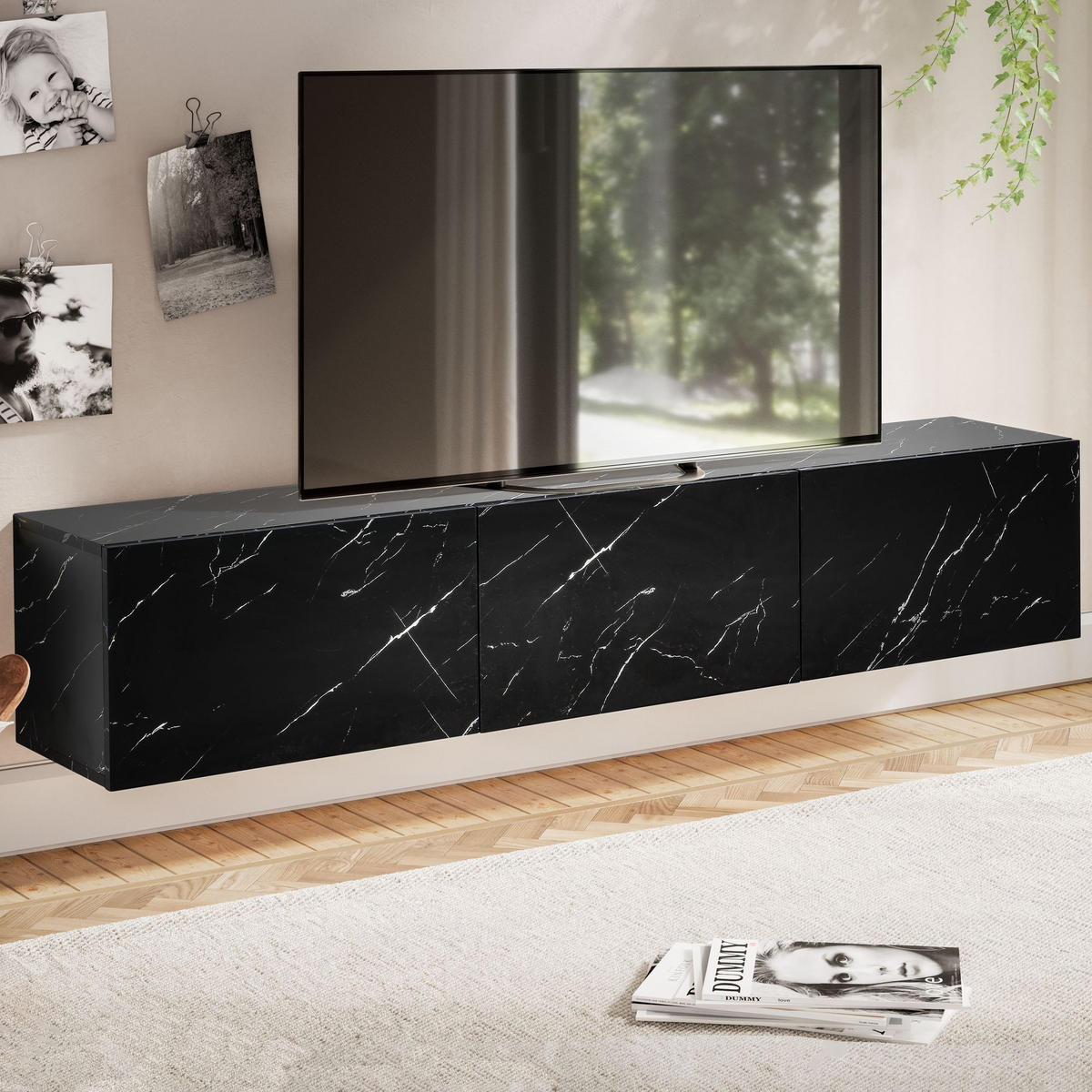 TV-LOWBOARD hängend groß, Marmor-Optik, Klapptüren, modern, Schwarz 160x30x30 cm - Schwarz, Metall (160/30/30cm) - KADIMA DESIGN