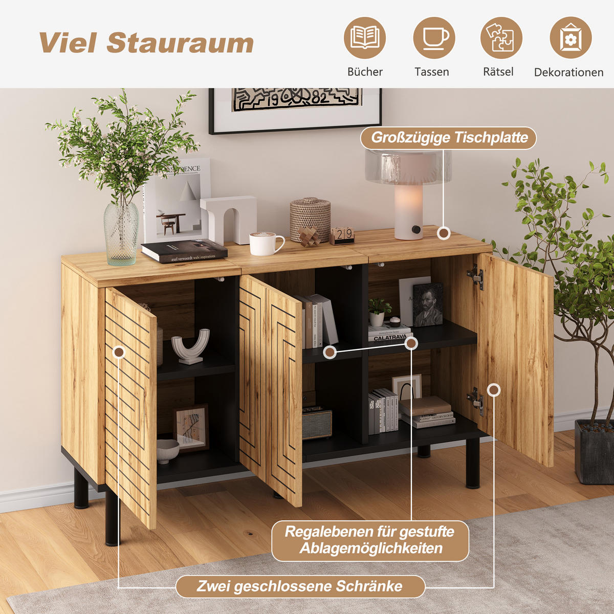 SIDEBOARD in Naturfarben mit 3 Türen für Esszimmer und Wohnzimmer, B120/T35/H68 cm - Schwarz/Naturfarben, Holzwerkstoff (120/68/35cm) - STILVORA