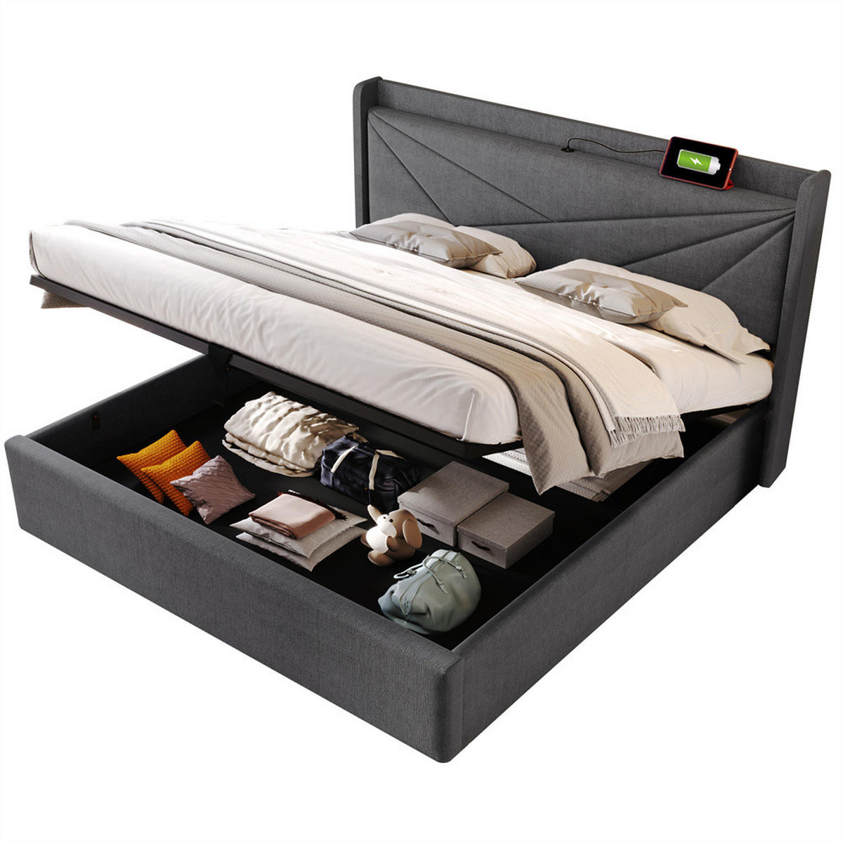 POLSTERBETT 140/200cm in Grau Leinen mit USB Typ C Ladefunktion Kopfteil - Grau, Holz/Textil (140/200cm) - KOMHTOM
