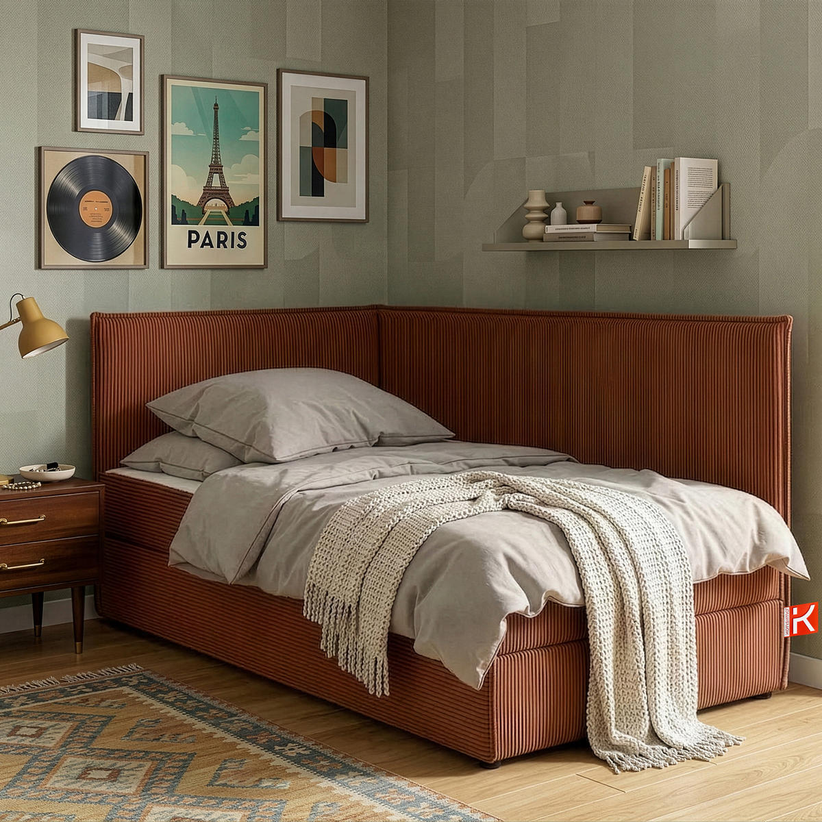 JUGENDBETT ROTI Einzelbett mit Bettkasten, 90x200cm, Bett mit Bonellmatratze, mit Rückenlehne - Rot/Schwarz, Holz/Holzwerkstoff (92/200cm) - KONSIMO®