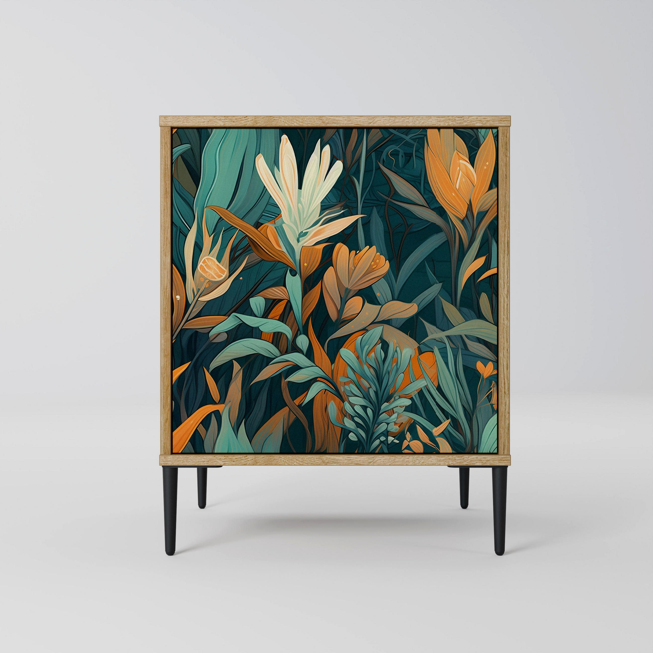 SIDEBOARD FLORAL SERENITY, Eichefarben, 57,5x42x72,5 cm, Schwarze Metallfüße - Eichefarben/Multicolor, Holzwerkstoff/Metall (57.5/72.5/42cm) - SpaceRebels