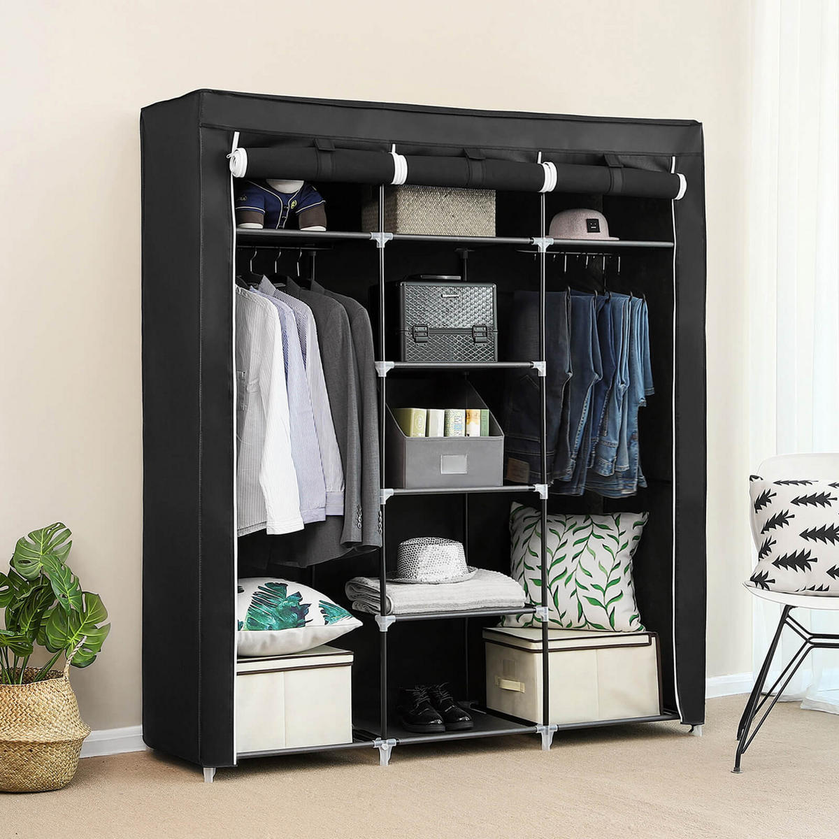 STOFFSCHRANK KLEIDERSCHRANK - Schwarz, Textil (45/150cm) - Hansiro