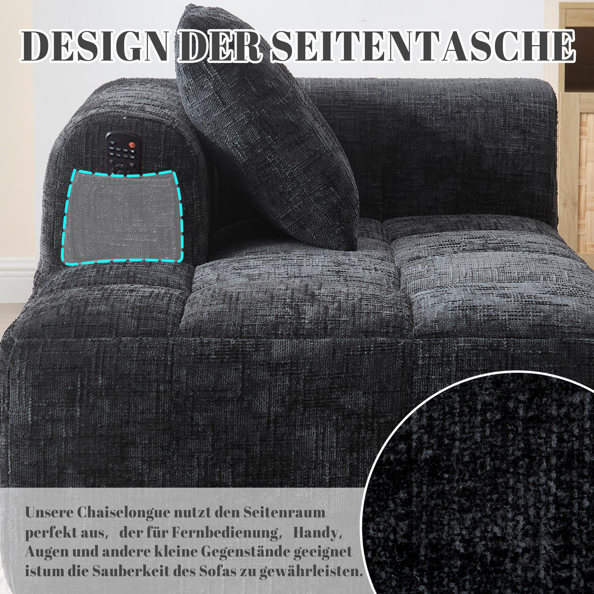CHAISELONGUE Sofa Chenille mit Seitentaschen und Kissen 158/90/60 cm Schwarz - Schwarz, Textil (60/158/90cm) - Redom