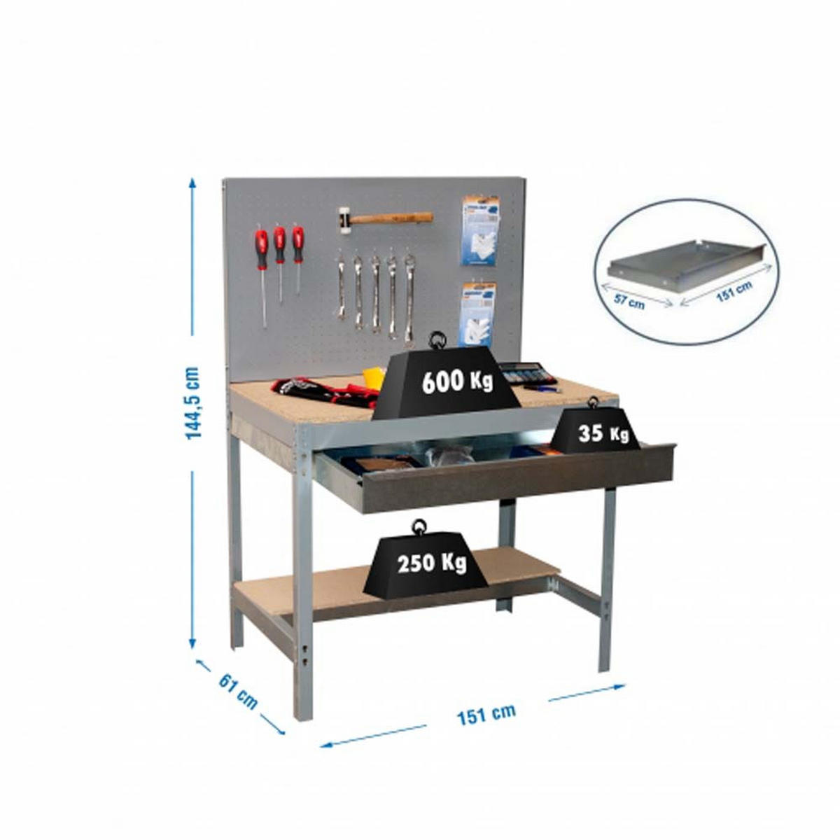 WERKBANK BUFFALO mit Werkzeugwand und Schubfach | HxBxT 84x150x61cm | Traglast 600kg | Grau - Grau, Metall (150/84/61cm) - PROREGAL