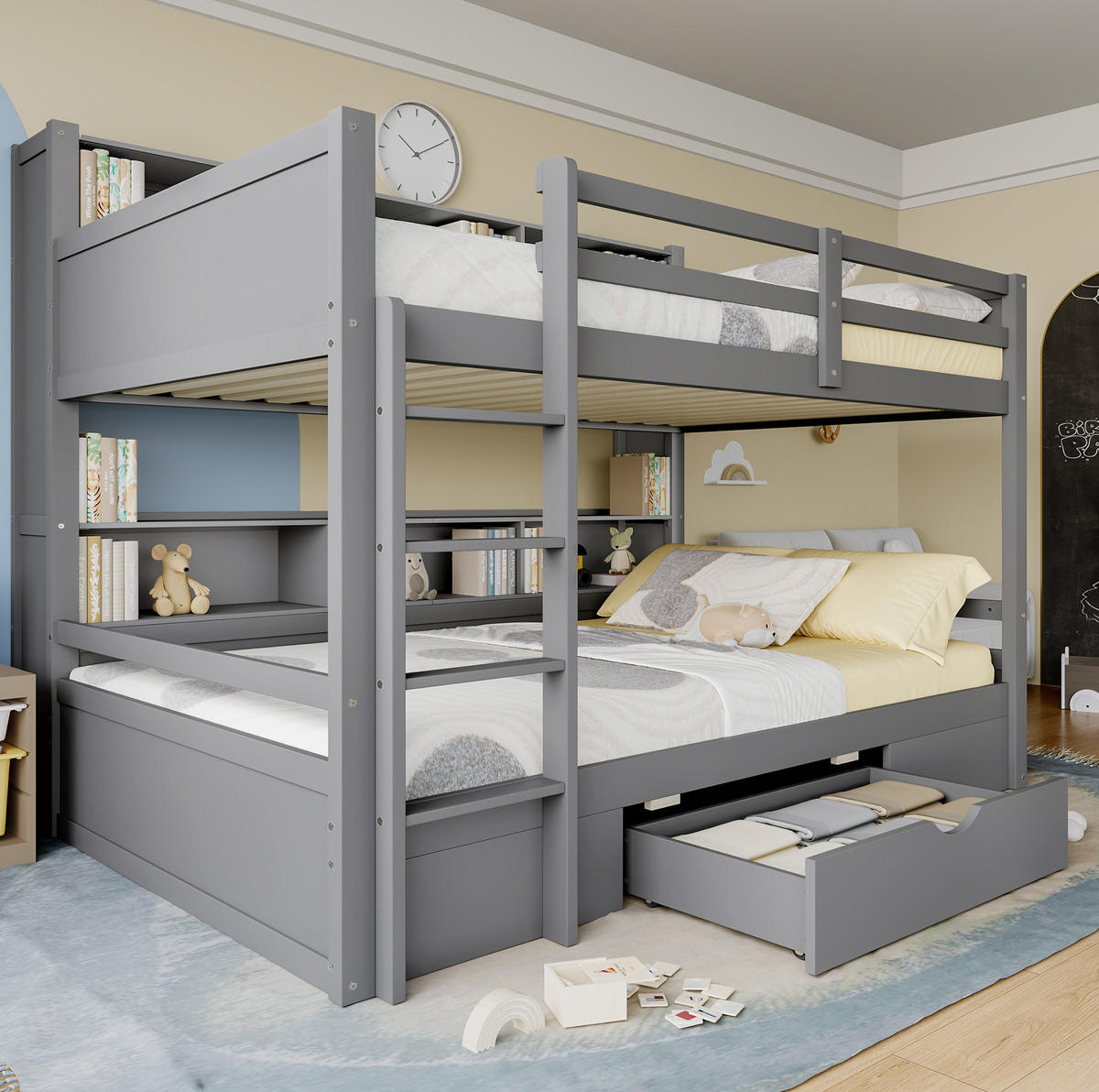 ETAGENBETT 90/200 cm aus Kiefern mit Schublade und Ablagefächern, Grau - Grau, Holzwerkstoff (90/200cm) - Redom