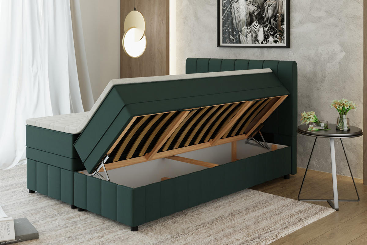 BOXBETT AVALON 140 x 200 cm mit Bettkasten und Topper - Dunkelgrün - Dunkelgrün, Holz - Panda Möbel