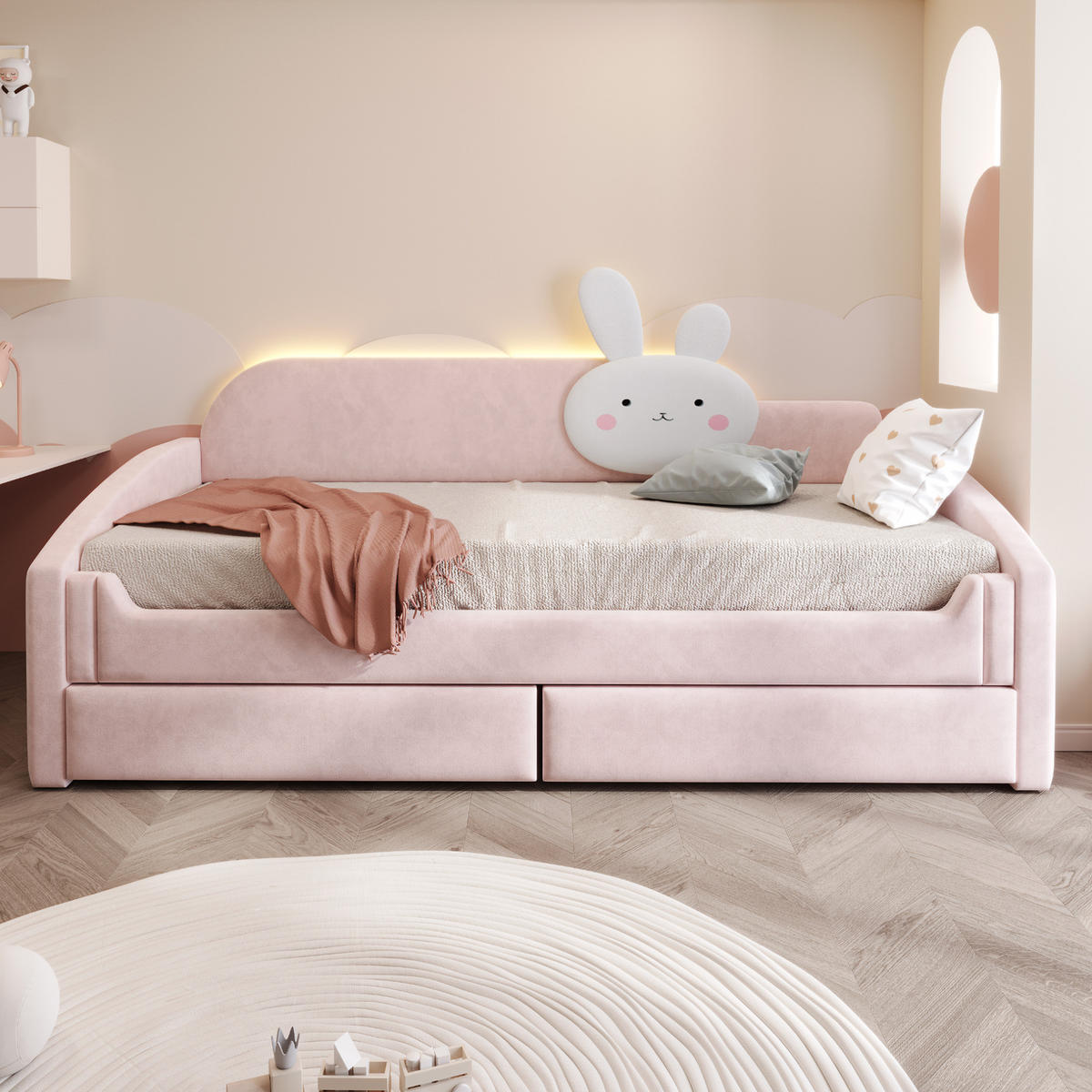 KINDERBETT mit 2 Schubladen und LED 90x200 cm Samt Rosa - Pink, Holzwerkstoff (90/200cm) - Beauniv