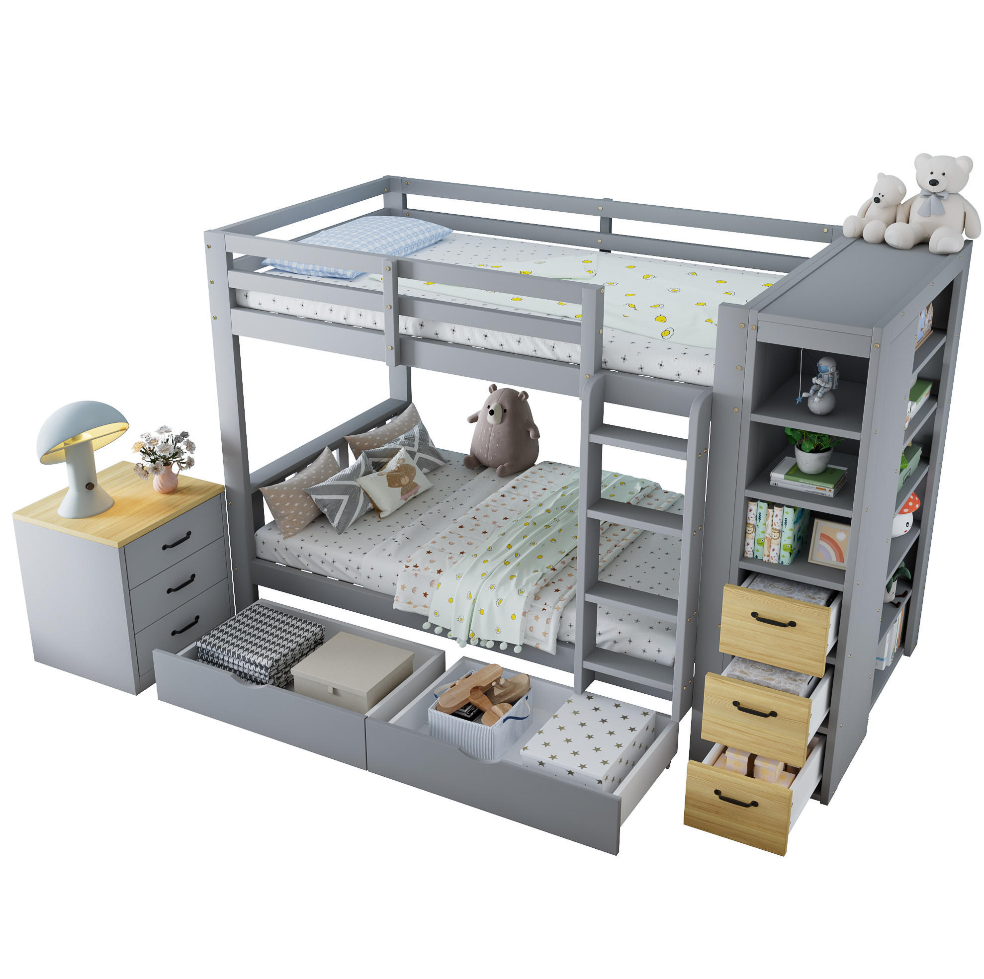 ETAGENBETT aus Massivholz, Sperrholz, Spanplatte und MDF 90x200 cm Hellgrau mit Stauraum, Leiter und Nachtkommode - Hellgrau, Holz (90/200cm) - Modfu