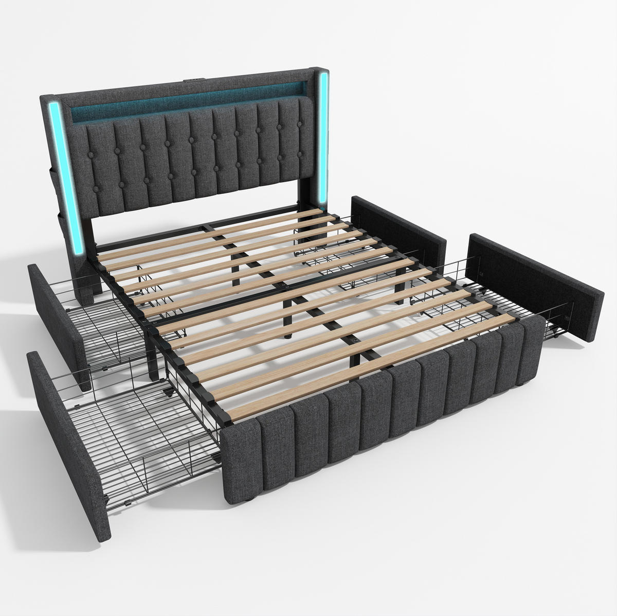 POLSTERBETT 140/200 cm Grau mit USB-Ladefunktion und LED-Beleuchtung - Grau, Textil (140/200cm) - OKWISH