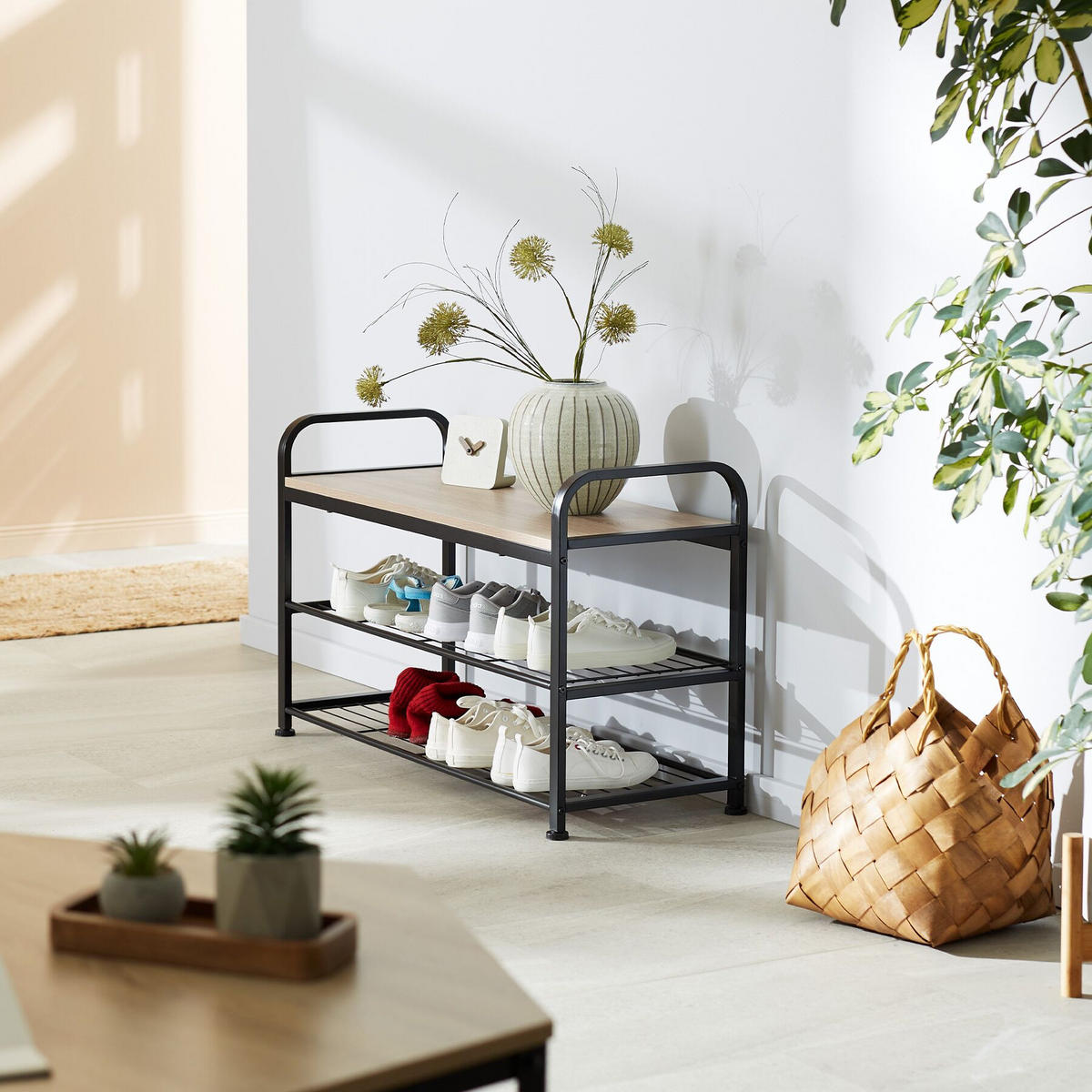 SCHUHREGAL Southampton,91 x 36 x 55 cm,Industrial Holz hell, Eiche Sonoma - Naturfarben, Metall (36/55/91cm) - tectake