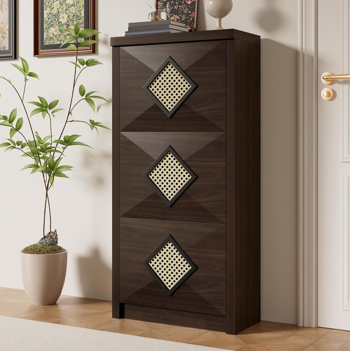 SCHUHSCHRANK mit Klappen 54/25/115 cm in Dunkelbraun mit Rattan-Dekor - Naturfarben, Holzwerkstoff (54/115/25cm) - BEAOK