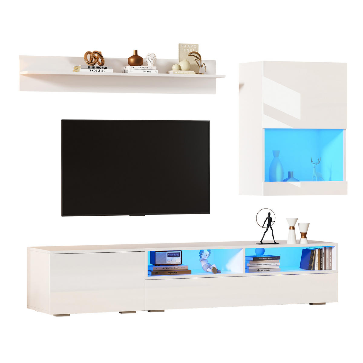 TV-ELEMENT3-TLG 175cm TV-Wohnwand-Set Weiß Hochglanz mit LED für TVs bis 80 Zoll - Weiß, Holz (64.64/13.46/84.71cm) - Raelunyi