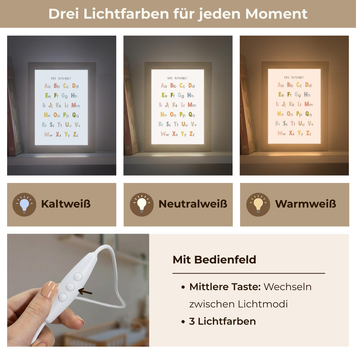 NACHTTISCHLAMPE Pädagogisch - Alphabet lernen - Farbenfroh - Weiß - Buchstaben 15x20 cm - Weiß, Holzwerkstoff (8/15/20cm)