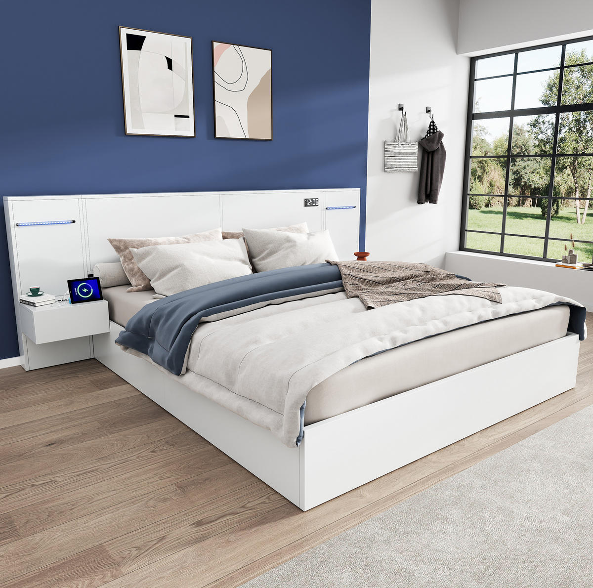 MANŽELSKÁ posteľ 180/200 cm biela z MDF s Bluetooth reproduktormi, USB a svetelným pásom - biela, kompozitné drevo (180/200cm) - OKWISH