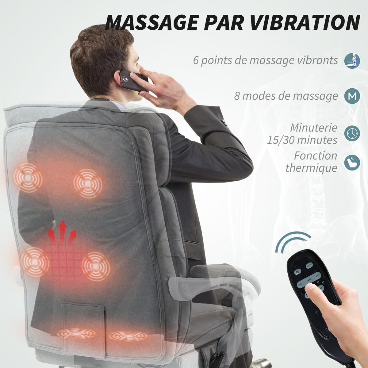DREHSTUHL DE-11786 mit massage- & heizfunktion 66/60/113-121 cm Grau - Grau, Textil (60/121/66cm) - ComfortXL