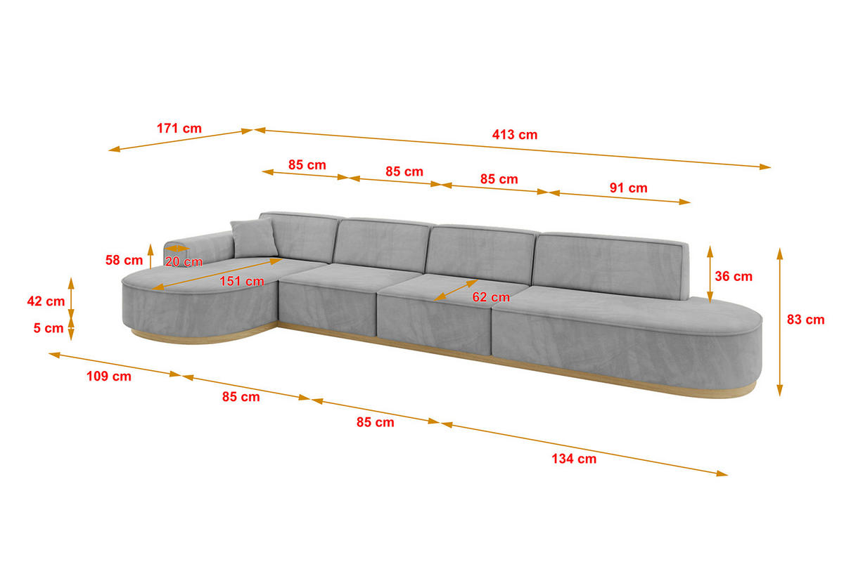 ECKSOFA Ottomane Links MARI-L3-v2 - 413x171x83 cm Grau Velours - Grau, Holzwerkstoff/Textil (413/171cm) - ALTDECOR
