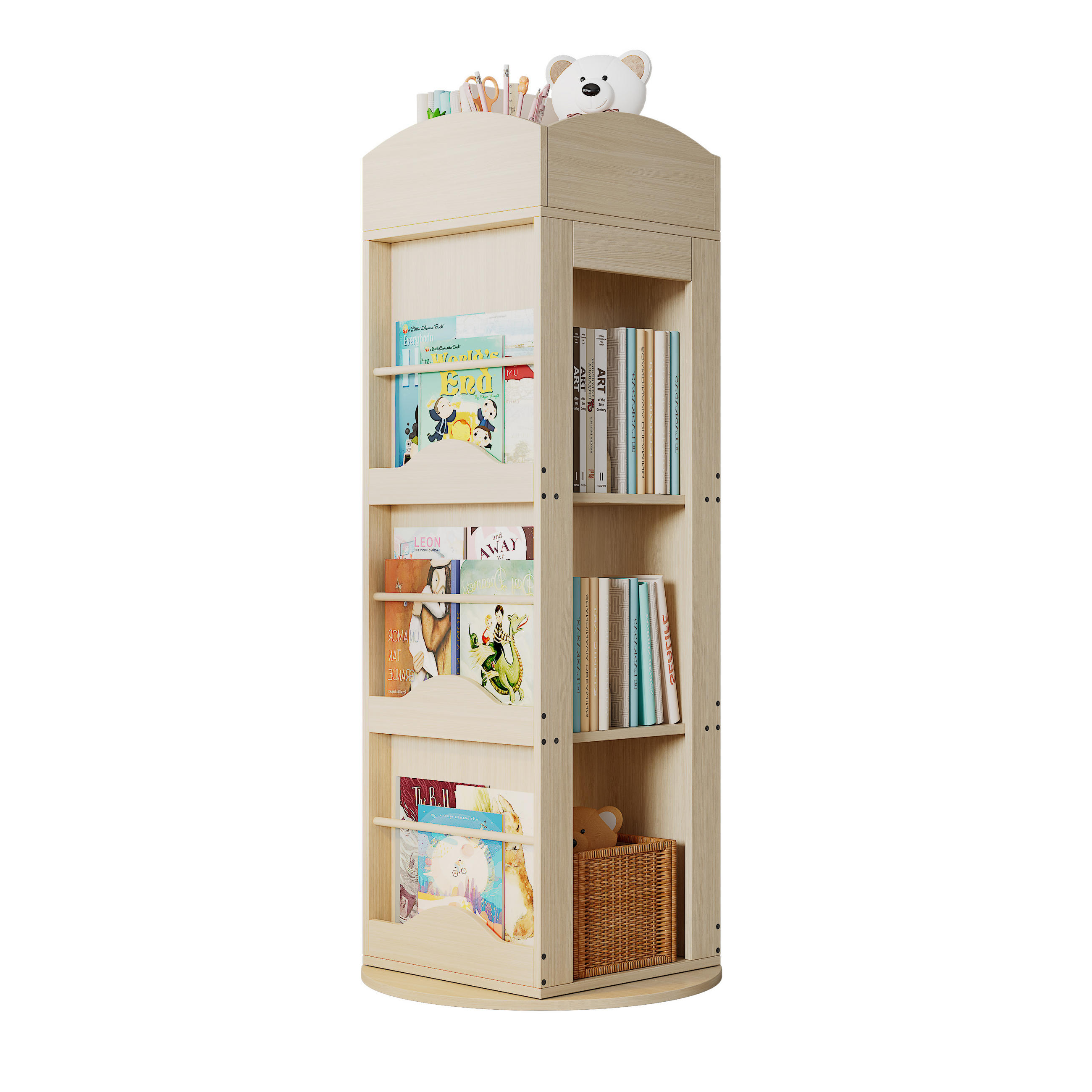 BÜCHERREGAL 142x63x63cm 360-Grad drehbar 4 Böden für Kinder Erwachsene - Naturfarben, Holz (63/142/63cm) - FLIEKS