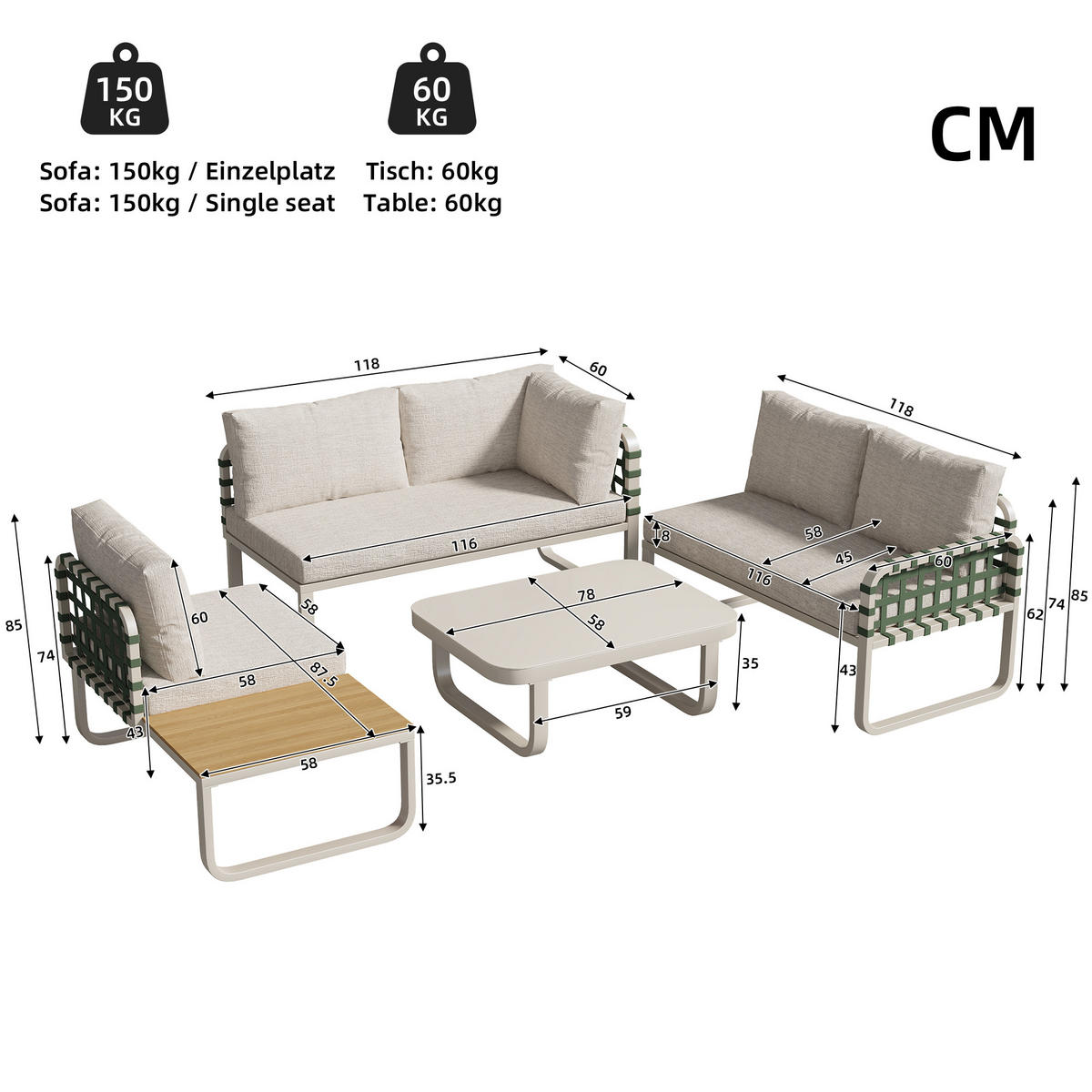 GARTEN Lounge Set 4 bis 5 Sitzer Grünes Leder Rattan Sofa mit Kissen Balkonset für Garten und Terrasse Aprikose - Creme, Metall - FLIEKS
