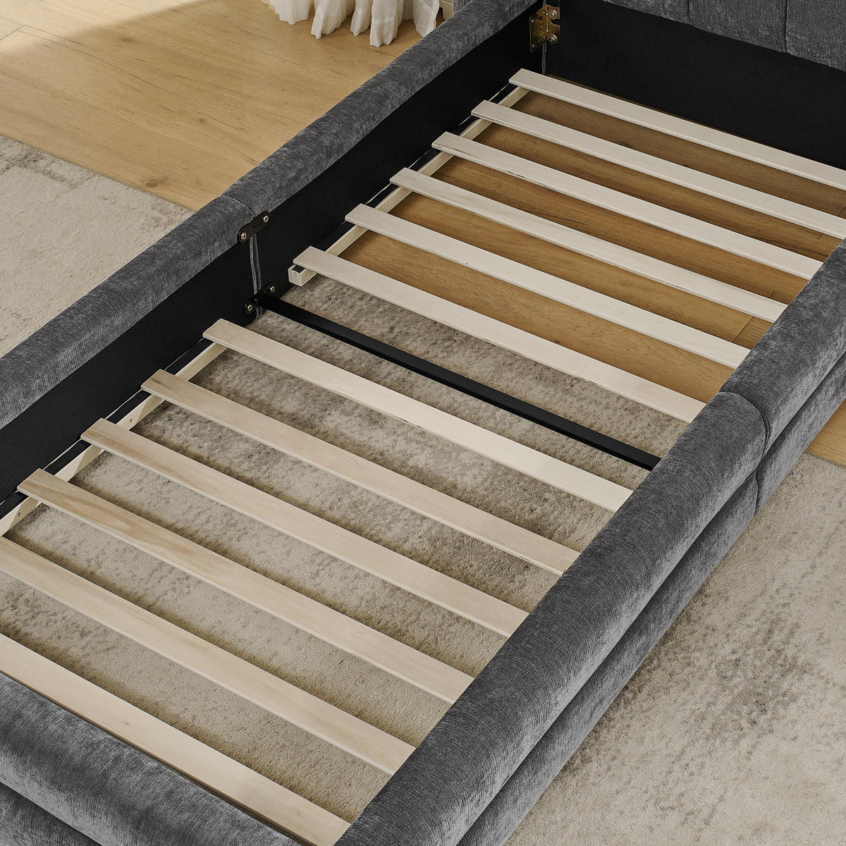 KINDERBETT 90/200 cm DE-03775, mit Chenillestoff und Rückenlehne, in Dunkelgrau - Dunkelgrau, Holz (90/200cm) - ComfortXL